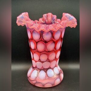 Vintage Mid Century Pink Cranberry Opalescent Ruffle Rim Dot Point Pattern Vase
